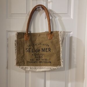 Sel de Mer Canvas Tote in Khaki with Tan Handles